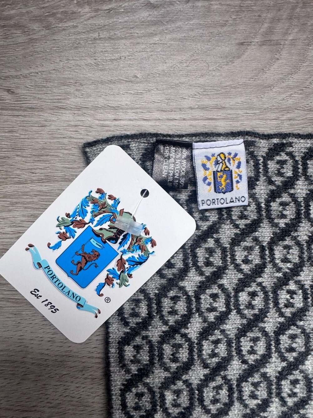 Portolano Geometric Print Wool Blend Knit Scarf Gray NWT